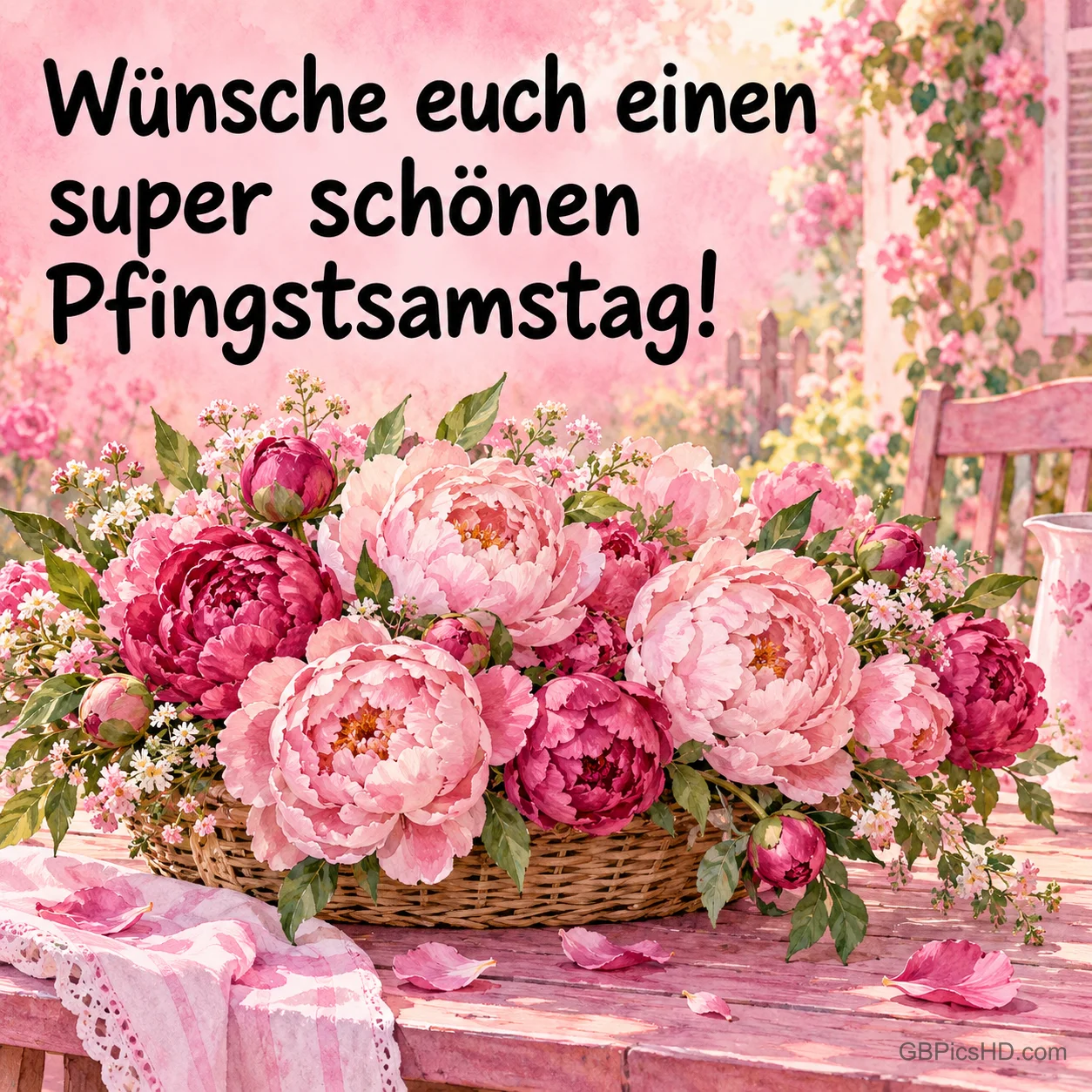 Korb voller rosa und pinker Pfingstrosen auf einem Tisch mit Spitzendecke vor einem blühenden Rosengarten, dazu "Wünsche euch einen super schönen Pfingstsamstag!" Korb voller rosa und pinker Pfingstrosen auf einem Tisch mit Spitzendecke vor einem blühenden Rosengarten, dazu "Wünsche euch einen super schönen Pfingstsamstag!"