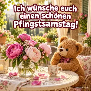 Plüschbär sitzt an einem Terrassentisch neben einer Vase mit Pfingstrosen und einer Teetasse, darüber "Ich wünsche euch einen schönen Pfingstsamstag!"