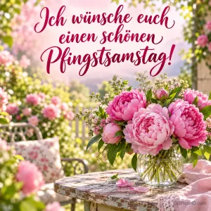Glasvase mit pinken Pfingstrosen auf einem Gartentisch vor einem verschwommenen Blütenmeer, dazu in Schreibschrift "Ich wünsche euch einen schönen Pfingstsamstag!"