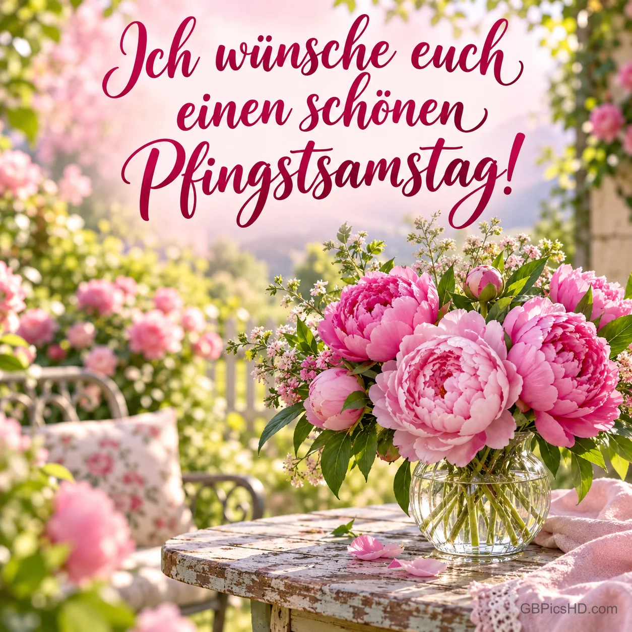 Glasvase mit pinken Pfingstrosen auf einem Gartentisch vor einem verschwommenen Blütenmeer, dazu in Schreibschrift "Ich wünsche euch einen schönen Pfingstsamstag!" Glasvase mit pinken Pfingstrosen auf einem Gartentisch vor einem verschwommenen Blütenmeer, dazu in Schreibschrift "Ich wünsche euch einen schönen Pfingstsamstag!"