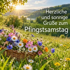 Korb mit bunten Wildblumen auf einer sonnigen Wiese mit Blick über grüne Hügel, dazu "Herzliche und sonnige Grüße zum Pfingstsamstag".
