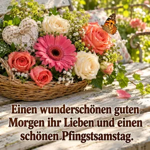 Blumenkorb mit Rosen, Gerbera und einem Spitzenherz, auf dem ein Schmetterling sitzt, auf einer weißen Gartenbank, dazu "Einen wunderschönen guten Morgen, ihr Lieben, und einen schönen Pfingstsamstag."