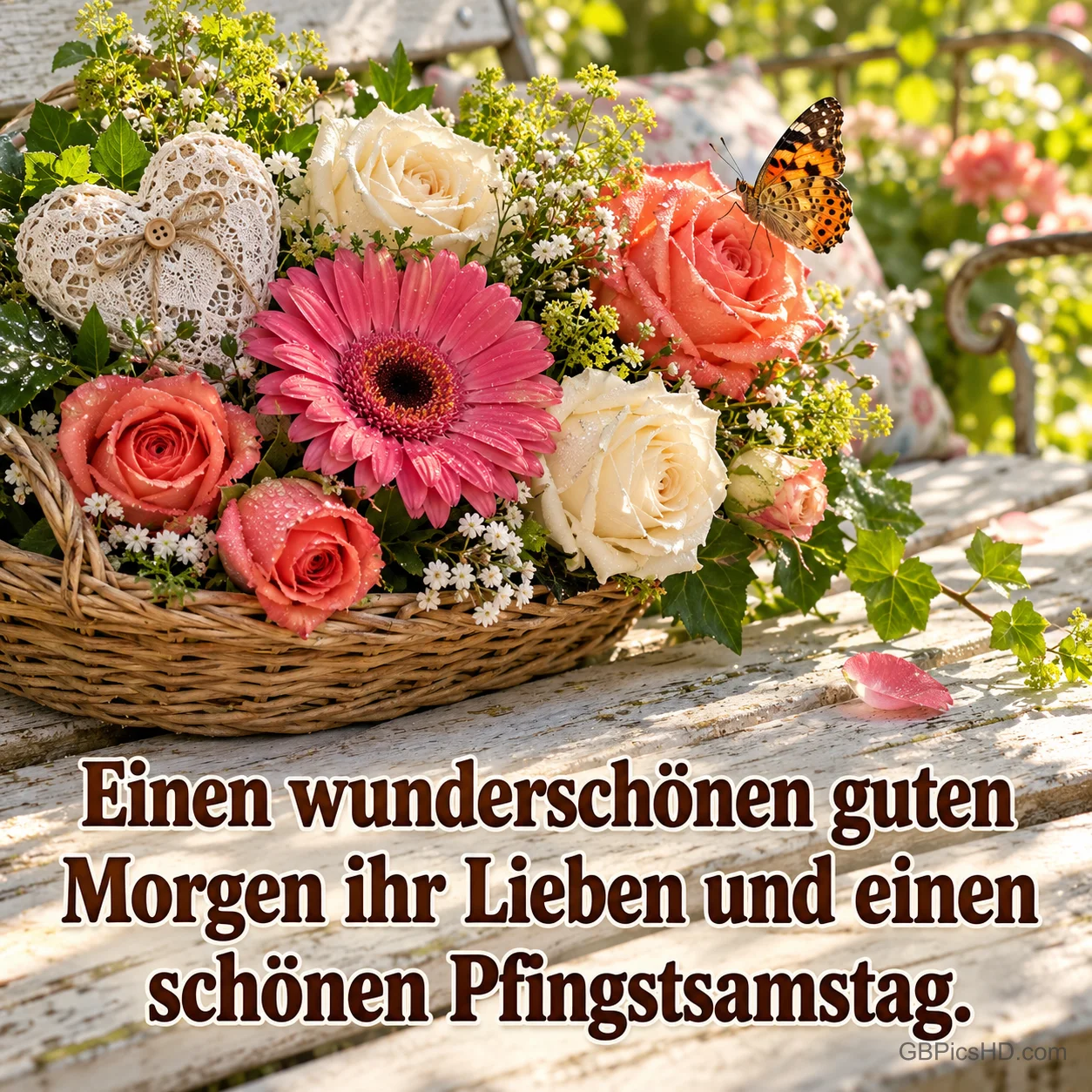 Blumenkorb mit Rosen, Gerbera und einem Spitzenherz, auf dem ein Schmetterling sitzt, auf einer weißen Gartenbank, dazu "Einen wunderschönen guten Morgen, ihr Lieben, und einen schönen Pfingstsamstag." Blumenkorb mit Rosen, Gerbera und einem Spitzenherz, auf dem ein Schmetterling sitzt, auf einer weißen Gartenbank, dazu "Einen wunderschönen guten Morgen, ihr Lieben, und einen schönen Pfingstsamstag."