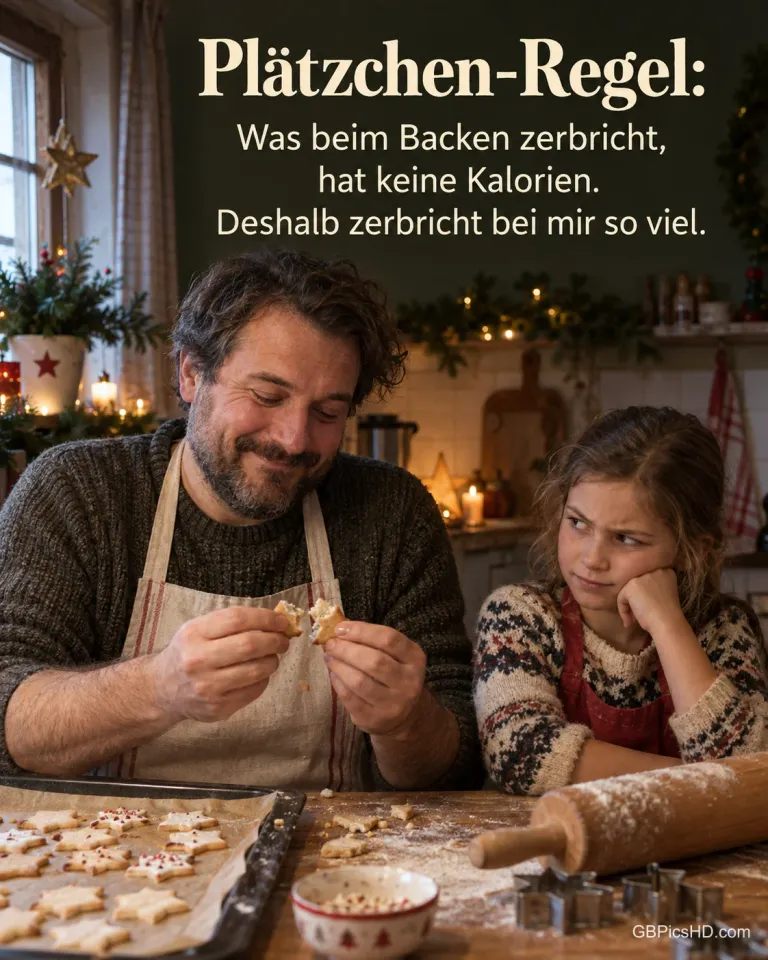 Ein Mann bricht in der Küche schmunzelnd ein Plätzchen durch, ein Mädchen schaut ihn misstrauisch an, dazu „Plätzchen-Regel“.
