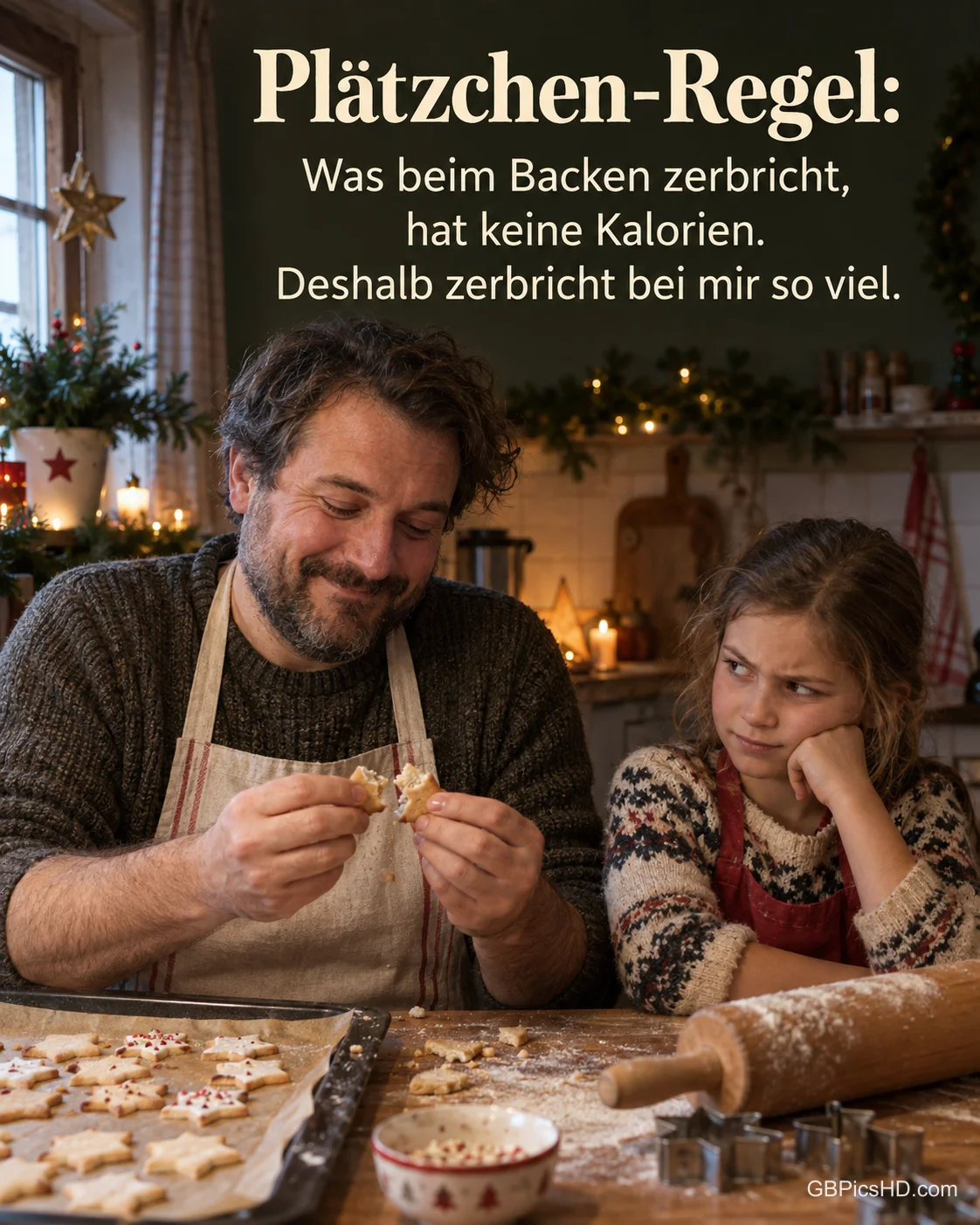 Ein Mann bricht in der Küche schmunzelnd ein Plätzchen durch, ein Mädchen schaut ihn misstrauisch an, dazu „Plätzchen-Regel“.