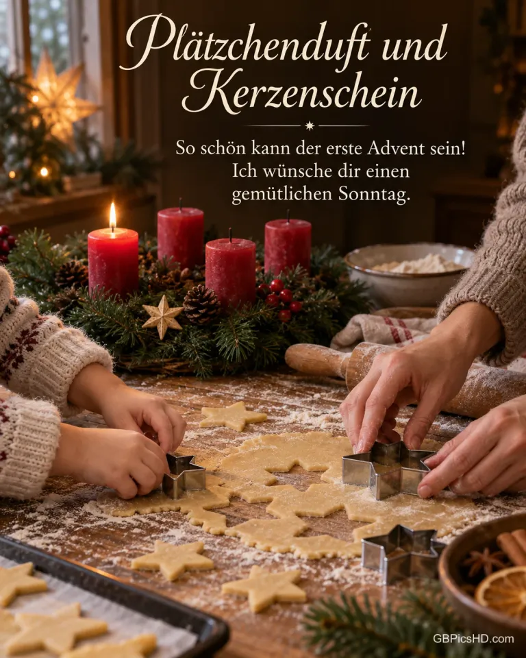 Die Hände einer Mutter und eines Kindes stechen Sternplätzchen aus, daneben brennt die erste Kerze am Adventskranz, dazu "Plätzchenduft und Kerzenschein".