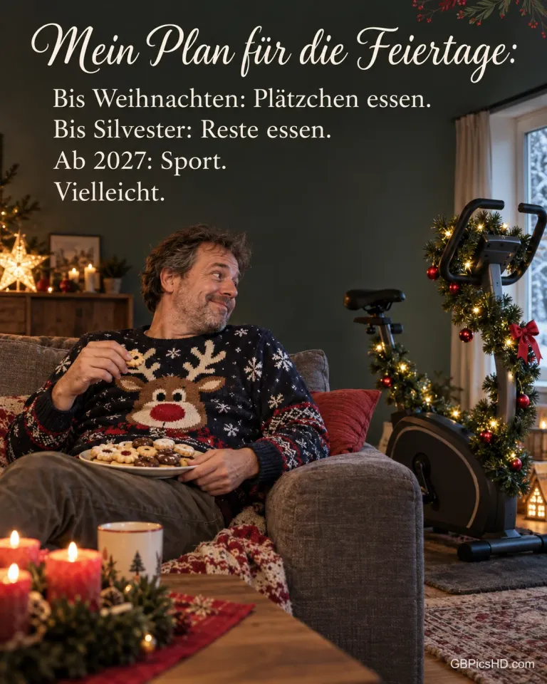 Ein Mann im Rentierpulli sitzt mit Plätzchen auf dem Sofa und schielt auf einen mit Girlande geschmückten Heimtrainer, dazu „Mein Plan für die Feiertage“.