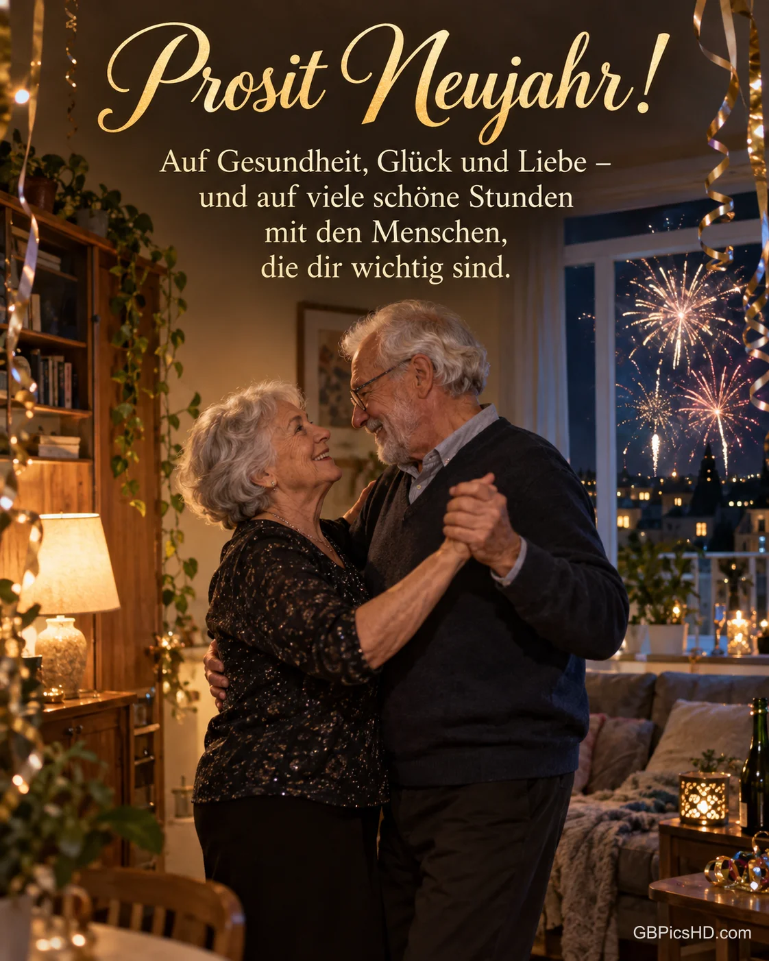 Ein älteres Paar tanzt um Mitternacht zwischen Luftschlangen im Wohnzimmer, draußen Feuerwerk, dazu "Prosit Neujahr!".