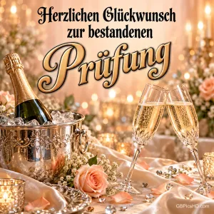 Sektflasche im Eiskübel, zwei gefüllte Gläser und Rosen unter "Herzlichen Glückwunsch zur bestandenen Prüfung".