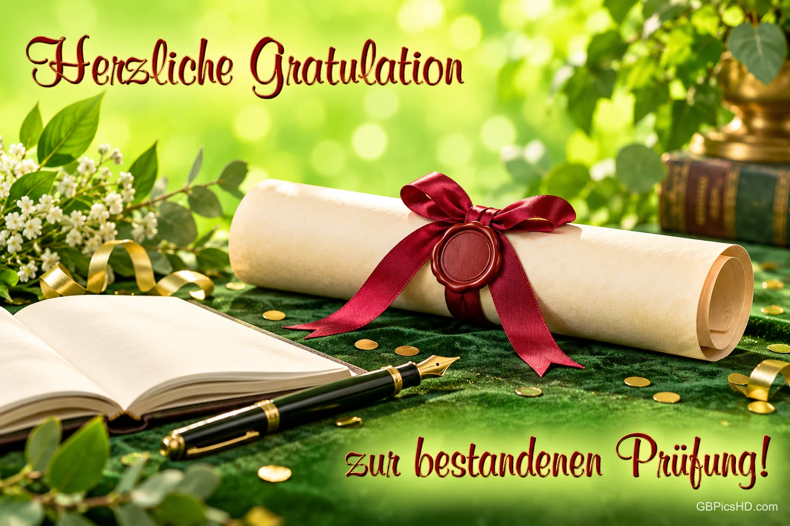 Eine Urkundenrolle mit roter Schleife liegt neben Buch und Füller im Grünen mit "Herzliche Gratulation zur bestandenen Prüfung!".