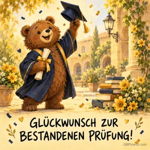 Ein Bär im Talar hält Urkunde und Doktorhut zwischen Konfetti und Blumen über "GLÜCKWUNSCH ZUR BESTANDENEN PRÜFUNG!".