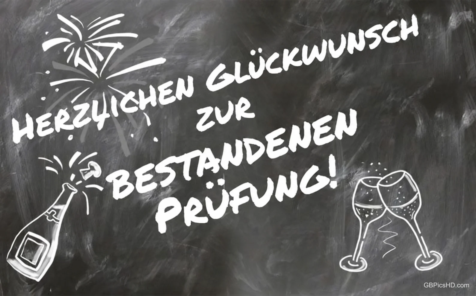 Glückwunschbild mit Feuerwerk, Sektflasche und Sektgläsern zur bestandenen Prüfung.