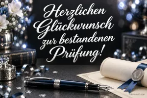 Füllfederhalter und gerollte Urkunde mit blauem Band neben "Herzlichen Glückwunsch zur bestandenen Prüfung!".