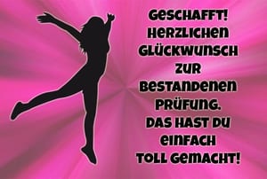 Glückwunsch zur bestandenen Prüfung mit springender Menschensilhouette auf pinkem Hintergrund.