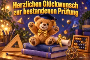 Ein Teddybär mit Doktorhut sitzt auf Büchern unter "Herzlichen Glückwunsch zur bestandenen Prüfung".