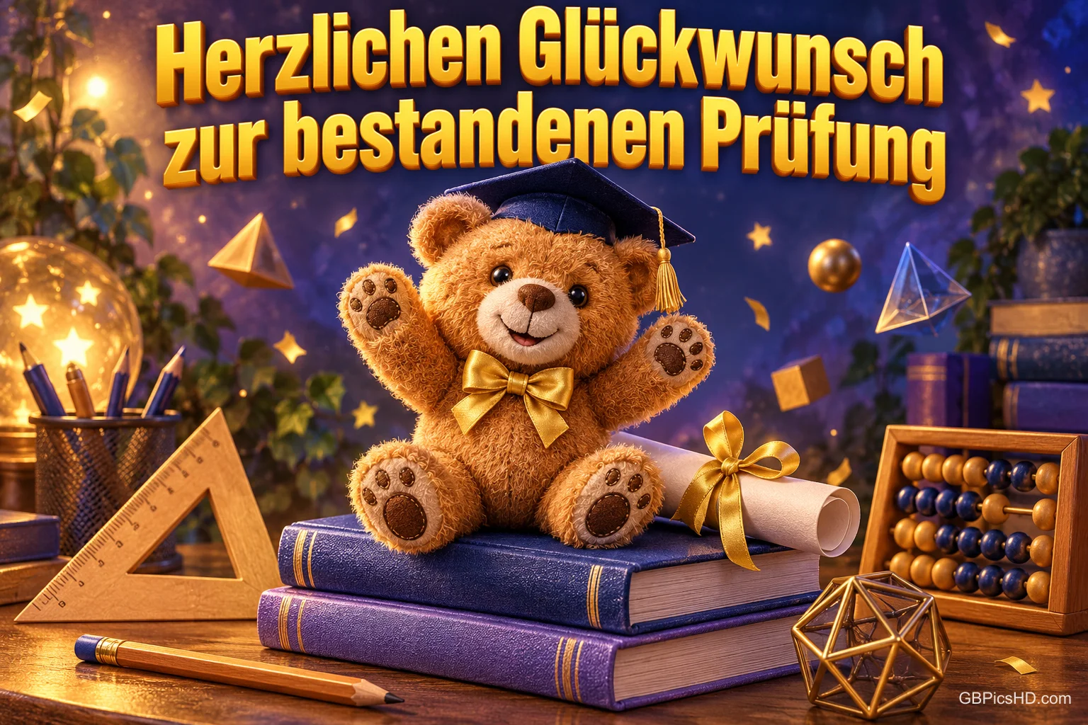 Ein Teddybär mit Doktorhut sitzt auf Büchern unter "Herzlichen Glückwunsch zur bestandenen Prüfung".