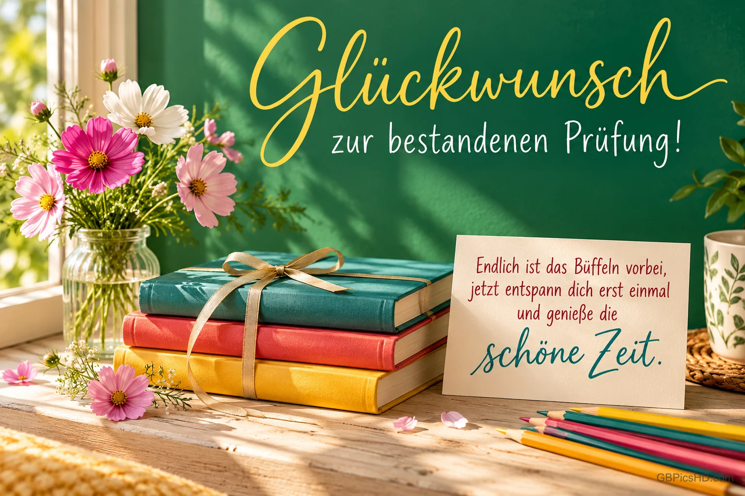 Blumen, Bücher und eine beschriftete Karte vor einer grünen Tafel mit "Glückwunsch zur bestandenen Prüfung!".