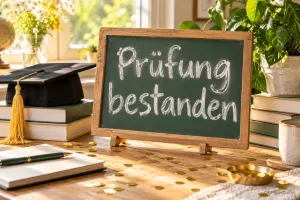 Eine grüne Tafel mit "Prüfung bestanden" steht auf einem Tisch zwischen Büchern, einem Doktorhut und Konfetti.