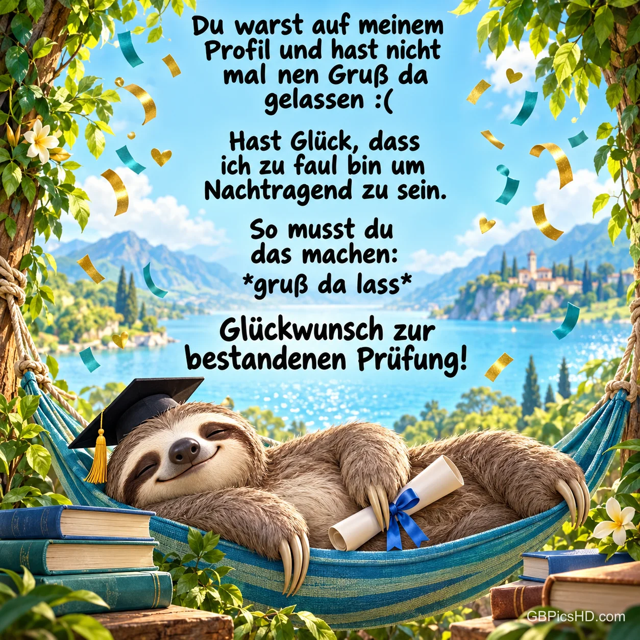 Ein Faultier mit Doktorhut und Diplom liegt in einer Hängematte unter "Glückwunsch zur bestandenen Prüfung!".