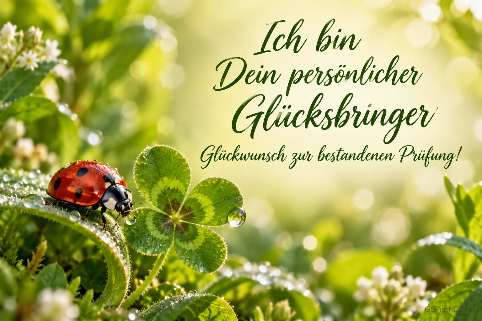 Ein Marienkäfer neben einem Kleeblatt begleitet "Ich bin Dein persönlicher Glücksbringer Glückwunsch zur bestandenen Prüfung!".