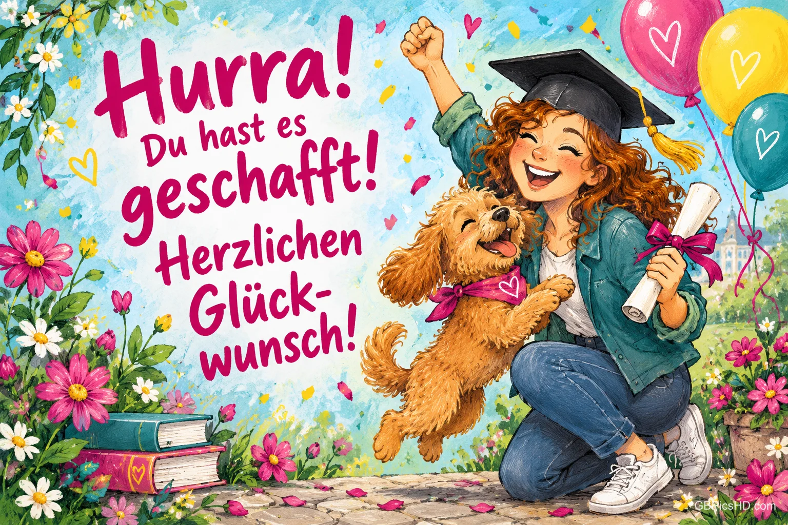 Eine Frau mit Doktorhut und Urkunde jubelt mit einem Hund neben "Hurra! Du hast es geschafft! Herzlichen Glückwunsch!".