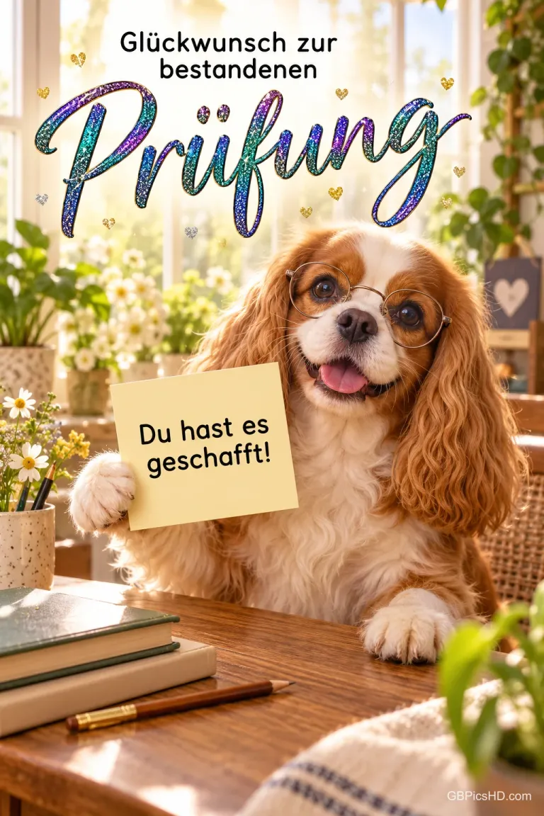 Ein Hund mit Brille hält einen Zettel am Schreibtisch: "Glückwunsch zur bestandenen Prüfung Du hast es geschafft!".