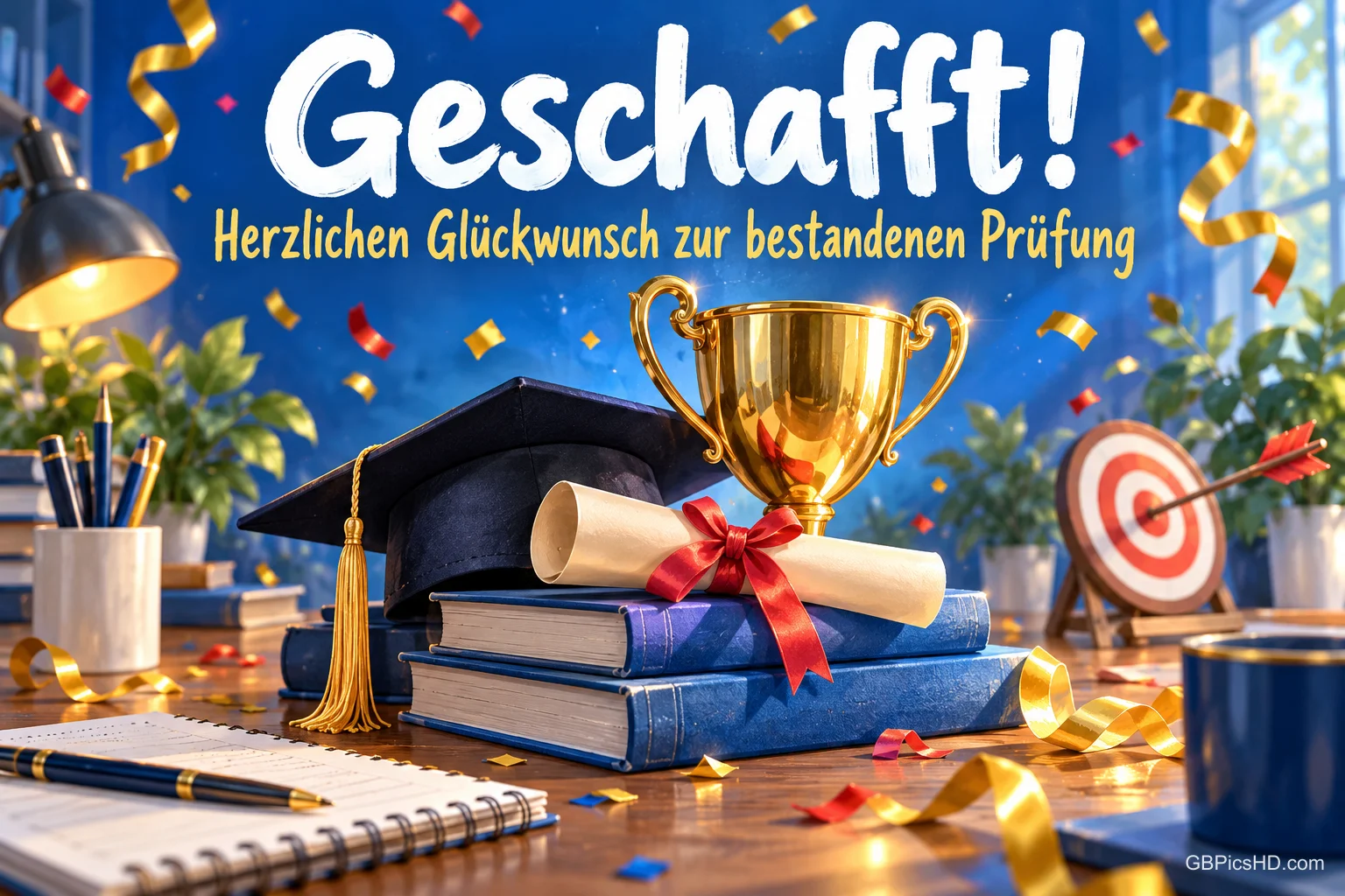 Pokal, Doktorhut und Urkunde auf Büchern unter "Geschafft! Herzlichen Glückwunsch zur bestandenen Prüfung".