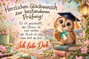 Eine Eule mit Doktorhut und Urkunde sitzt auf Büchern neben Blumen; dazu steht "Herzlichen Glückwunsch zur bestandenen Prüfung!".
