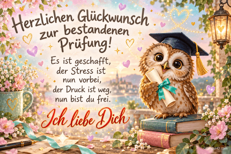 Eine Eule mit Doktorhut und Urkunde sitzt auf Büchern neben Blumen; dazu steht "Herzlichen Glückwunsch zur bestandenen Prüfung!".