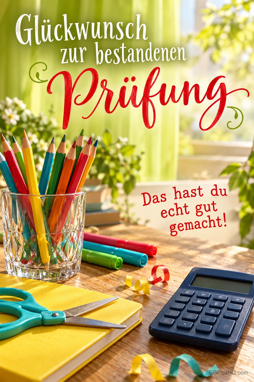 Buntstifte, Schere und Taschenrechner liegen unter "Glückwunsch zur bestandenen Prüfung Das hast du echt gut gemacht!".