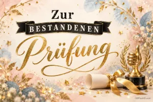 "Zur bestandenen Prüfung" steht über einem Diplom mit Goldschleife und einer goldenen Daumen-hoch-Trophäe.