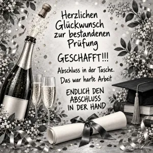 Sektflasche, zwei Gläser, Doktorhut und Urkunde in Schwarz-Weiß neben "GESCHAFFT!!!".