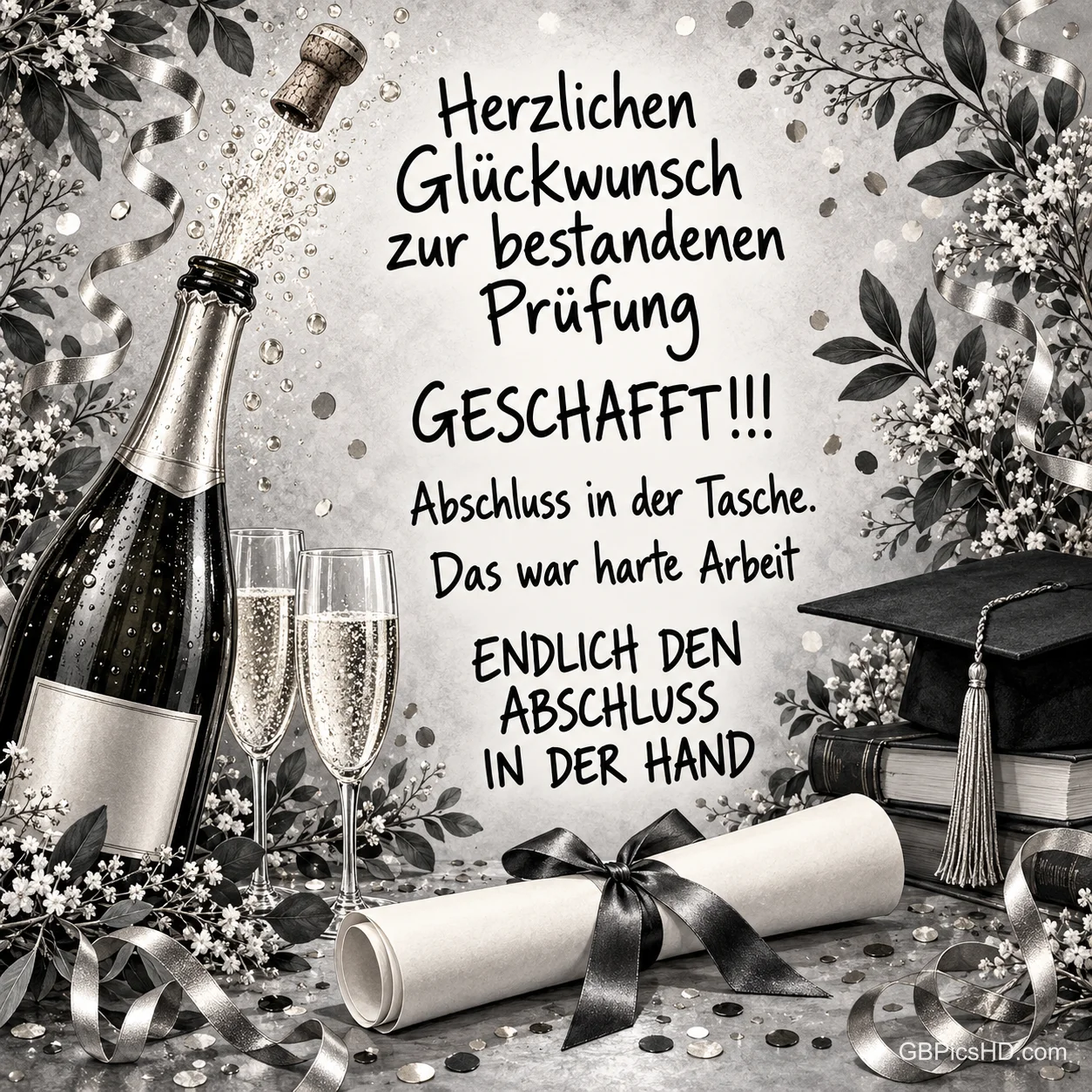 Sektflasche, zwei Gläser, Doktorhut und Urkunde in Schwarz-Weiß neben "GESCHAFFT!!!".