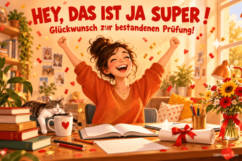 Eine Frau jubelt am Schreibtisch neben einer Katze unter "HEY, DAS IST JA SUPER! Glückwunsch zur bestandenen Prüfung!".