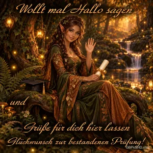 Eine Frau im grünen Kleid winkt mit einer Urkunde im Wald neben "Glückwunsch zur bestandenen Prüfung!".