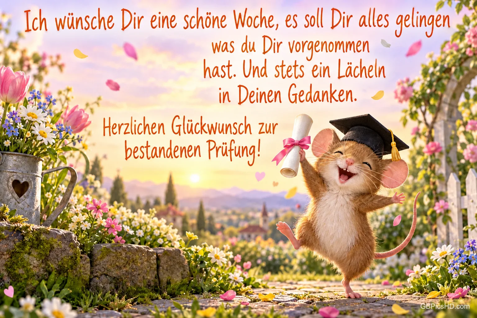 Eine Maus mit Doktorhut und Urkunde tanzt zwischen Blumen neben "Herzlichen Glückwunsch zur bestandenen Prüfung!".