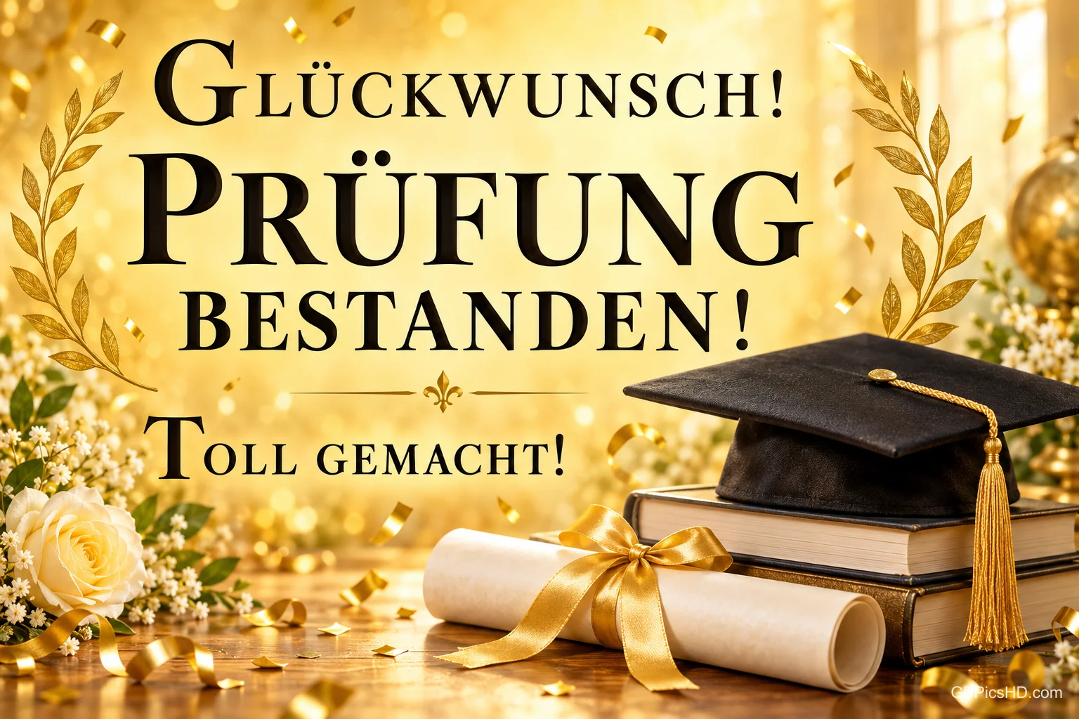 Doktorhut, Bücher und eine Urkunde mit Goldschleife neben weißen Rosen und dem Gruß "Glückwunsch! Prüfung bestanden! Toll gemacht!".
