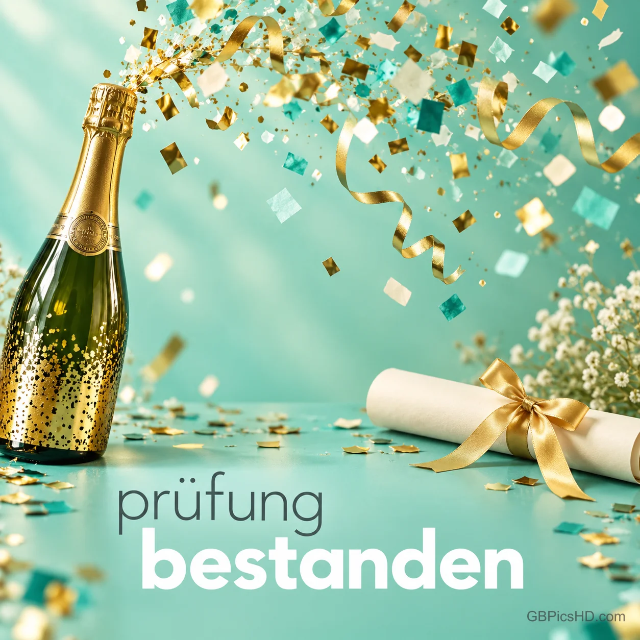 Eine Sektflasche, Konfetti und ein Diplom mit Goldschleife stehen auf türkisfarbenem Grund über "Prüfung bestanden".