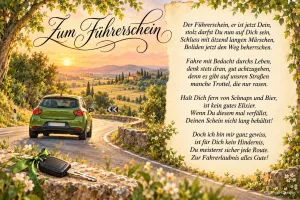 Ein grünes Auto fährt auf einer kurvigen Landstraße; daneben stehen ein Gedicht und "Zum Führerschein", vorn liegt ein Autoschlüssel.