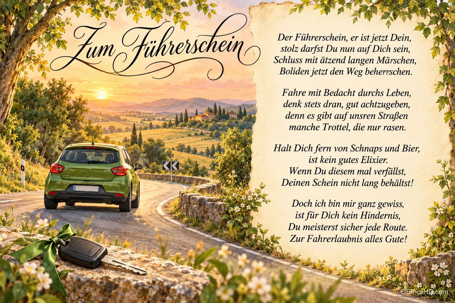 Ein grünes Auto fährt auf einer kurvigen Landstraße; daneben stehen ein Gedicht und "Zum Führerschein", vorn liegt ein Autoschlüssel.
