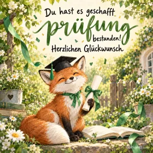 Ein lächelnder Fuchs mit Doktorhut und Urkunde sitzt zwischen Blumen vor einem offenen Buch unter "Prüfung bestanden!".