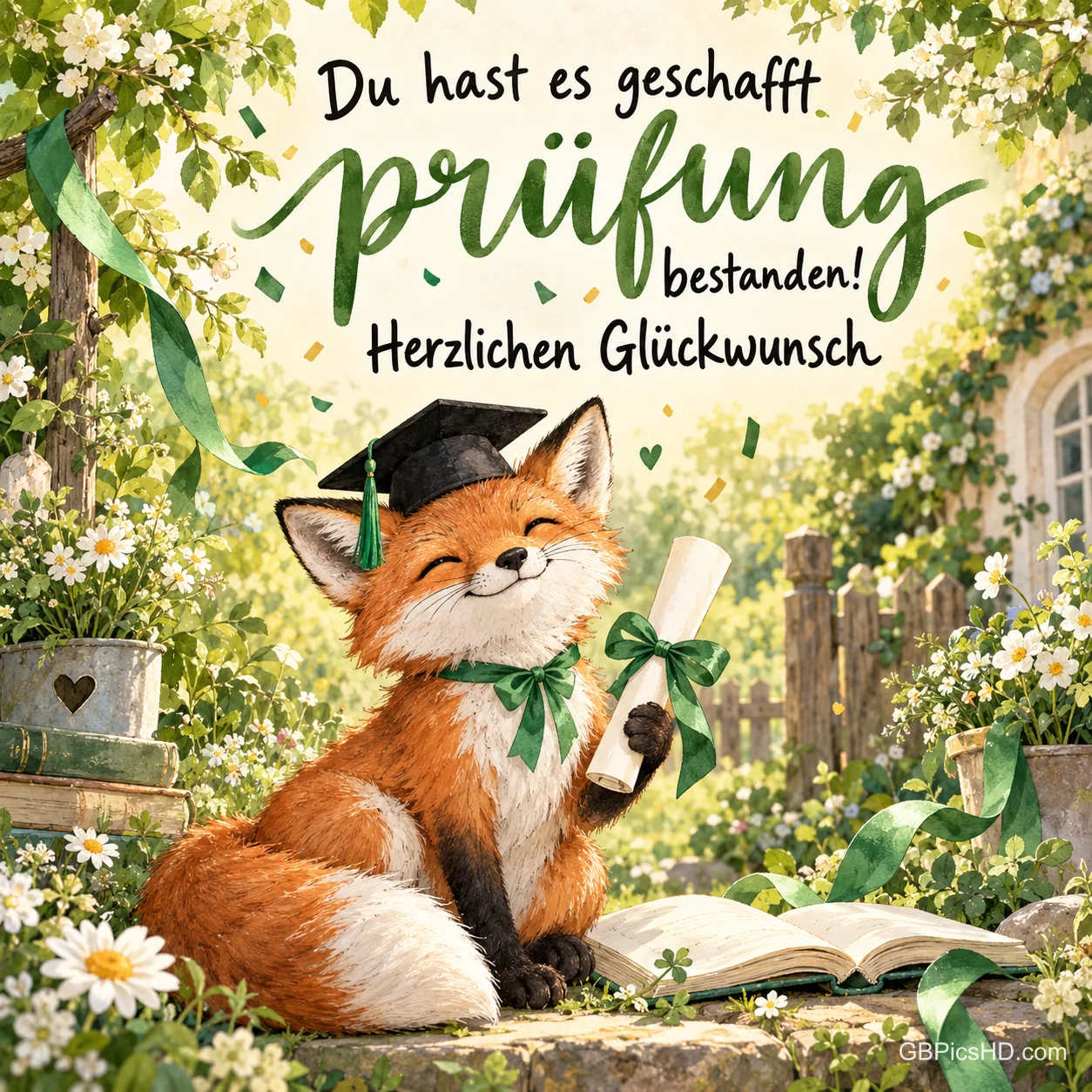 Ein lächelnder Fuchs mit Doktorhut und Urkunde sitzt zwischen Blumen vor einem offenen Buch unter "Prüfung bestanden!".