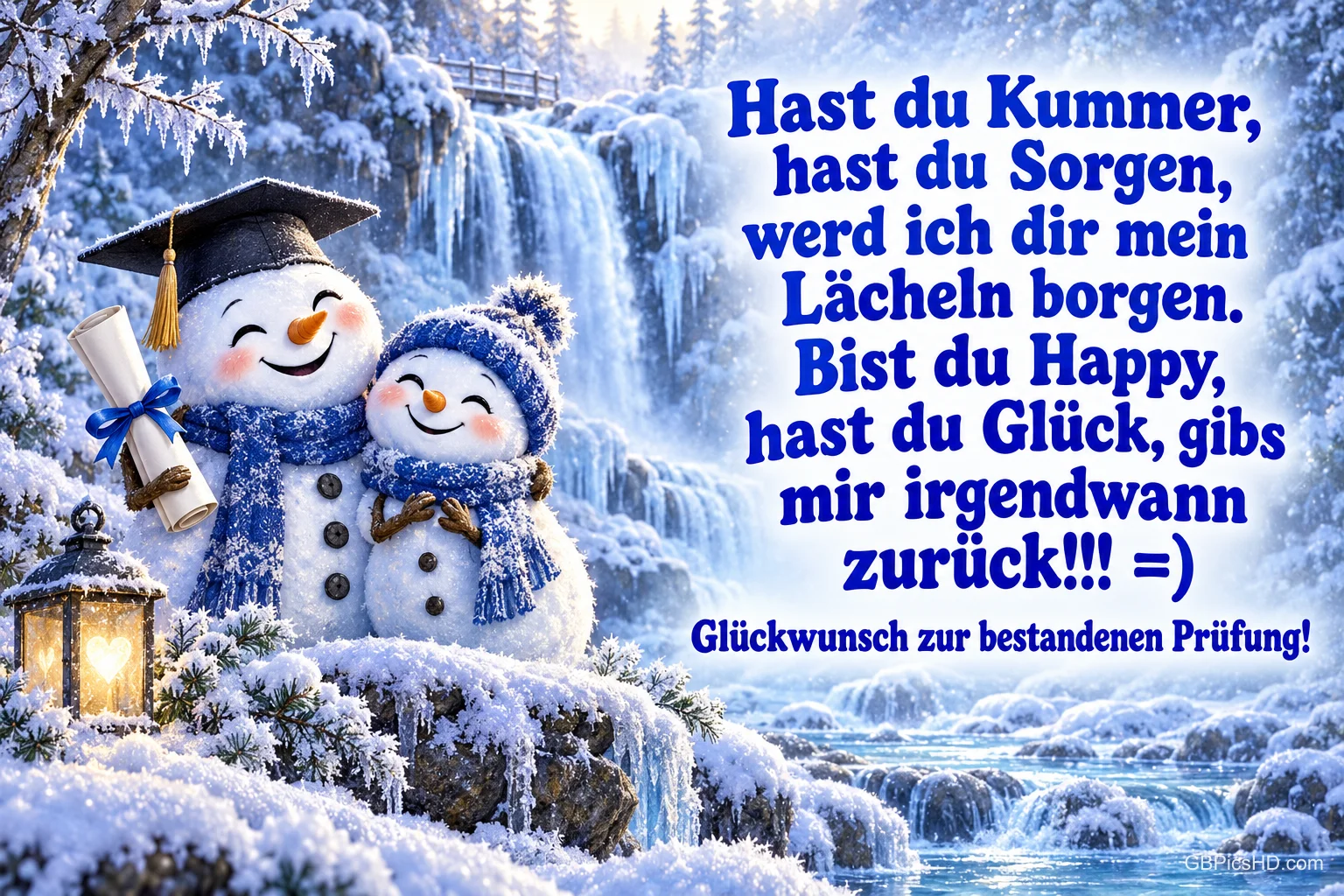 Zwei Schneemänner mit blauen Schals stehen vor einem vereisten Wasserfall neben "Glückwunsch zur bestandenen Prüfung!".