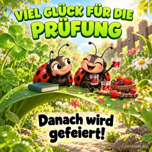 Zwei Marienkäfer mit roten Getränken sitzen bei Buch, Beeren und Klee auf einem Blatt unter "Viel Glück für die Prüfung".