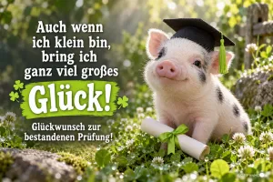 Ein Ferkel mit Doktorhut sitzt bei einer Urkunde mit grüner Schleife im Klee neben "Glückwunsch zur bestandenen Prüfung!".