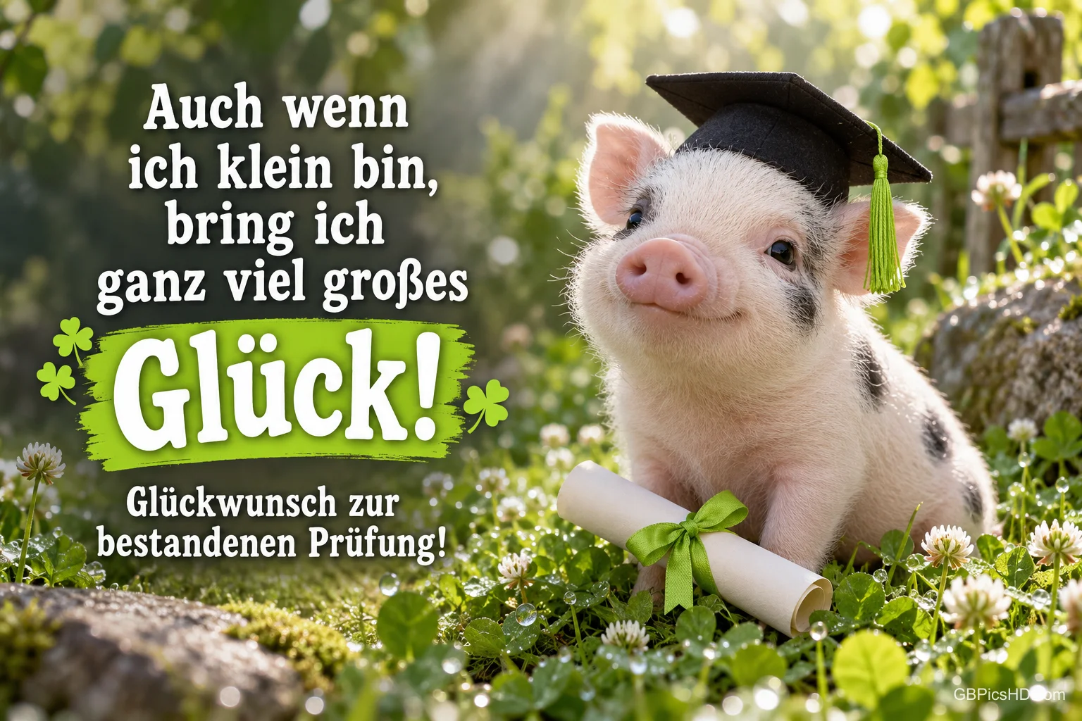 Ein Ferkel mit Doktorhut sitzt bei einer Urkunde mit grüner Schleife im Klee neben "Glückwunsch zur bestandenen Prüfung!".