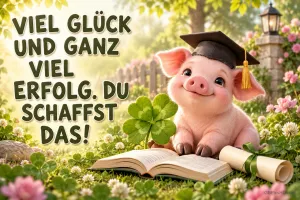 Ein Ferkel mit Doktorhut sitzt hinter einem offenen Buch bei Klee und einer Urkunde neben "Viel Glück und ganz viel Erfolg. Du schaffst das!".