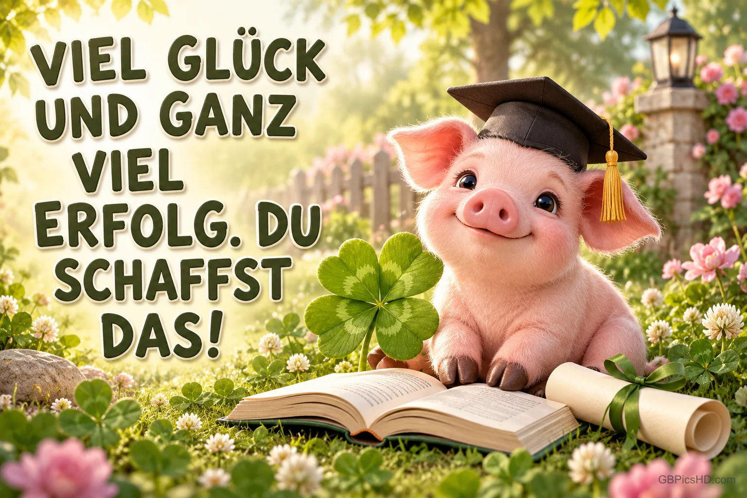 Ein Ferkel mit Doktorhut sitzt hinter einem offenen Buch bei Klee und einer Urkunde neben "Viel Glück und ganz viel Erfolg. Du schaffst das!".
