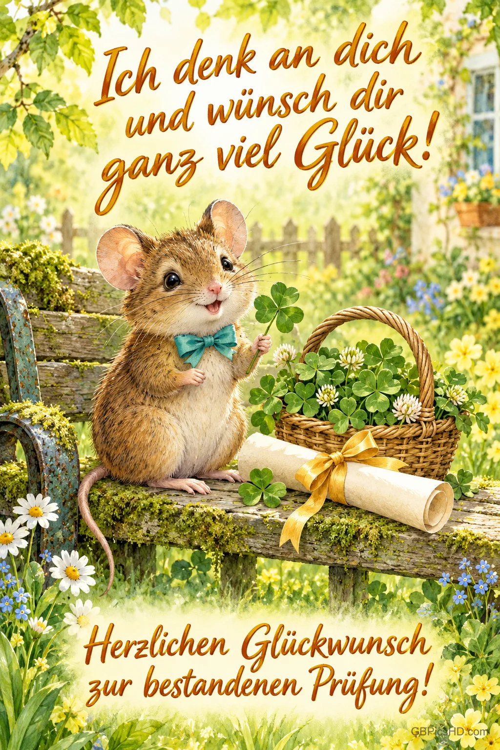 Eine Maus mit blauer Fliege hält Klee auf einer Bank bei Kleekorb und Urkunde unter "Ich denk an dich und wünsch dir ganz viel Glück!".