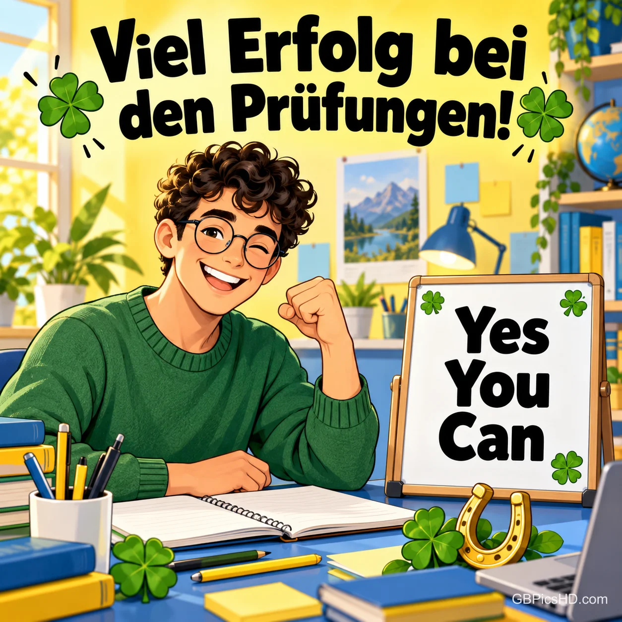 Ein lächelnder junger Mann am Schreibtisch mit Kleeblättern und den Worten "Viel Erfolg bei den Prüfungen! Yes You Can".